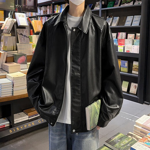 SWAMP AREA leather solid color men's autumn and winter hip-hop jacket top American retro motorcycle style jacket SWC99 black 2XL