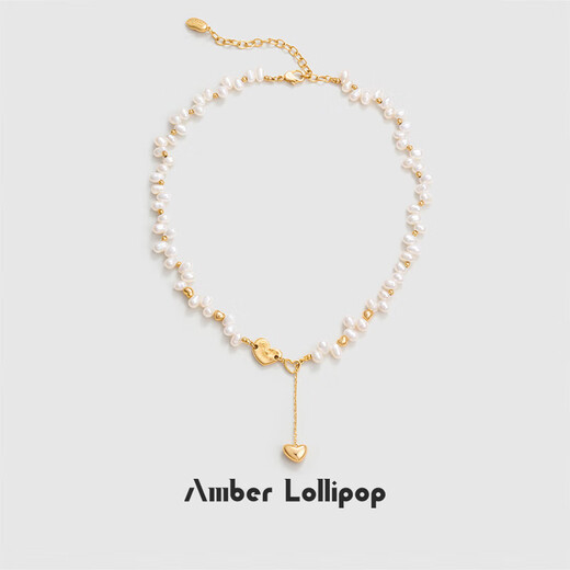 Amber Lollipop Pearl Necklace Female Niche Design Love Pendant Necklace Anniversary Birthday Gift for Girlfriend and Wife Gold (Luck Series)