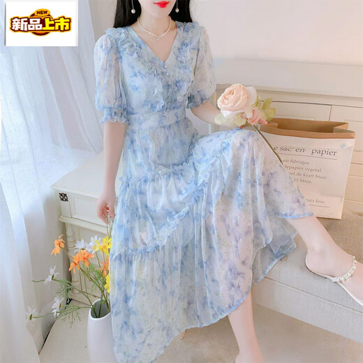 Break de thé français du premier chemin en V Beau robe en mousseline de mousseline florale pour l'été féminin 2025 Nouveau tempérament à la taille de la taille de fée-jupe longue Blue 736 # [Version Robe] L [suggéré 105-120jin [Jin est égal à 0,5 kg]]]