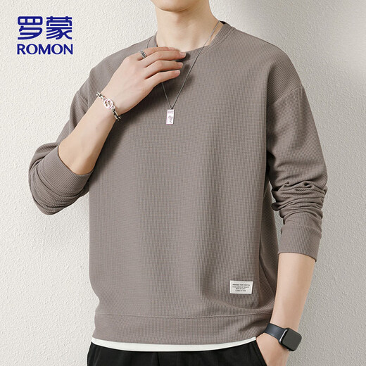 ROMON long-sleeved T-shirt men's round neck sweatshirt men's autumn and winter bottoming shirt casual top men's brown 01 XL