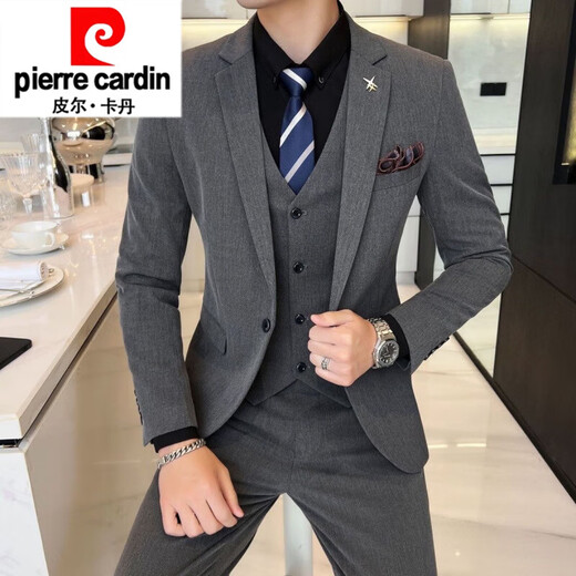 Pierre Cardin brand high-end suit men's three-piece Korean version slim business formal casual small suit groom wedding black suit + trousers + vest + shirt collar L recommended 100-115 Jin Jin equals 0.5 kg