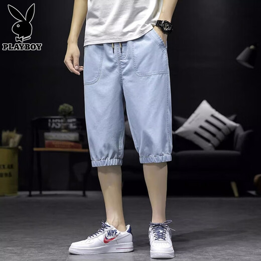 花花公子（PLAYBOY）牛仔裤男士2025夏季新款薄款七分裤潮流休闲宽松大码哈伦短裤男款 937深蓝 L 【111-120斤】