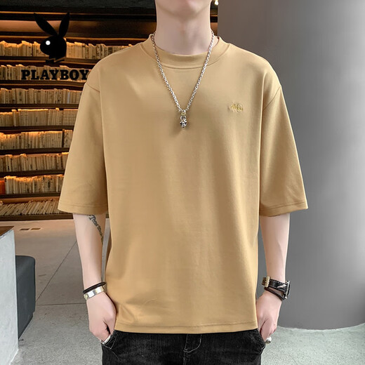 花花公子（PLAYBOY）七分袖男士短袖t恤2025夏季新款圆领宽松版型绣花中袖潮牌ins半袖 QD659酒红 3XL 【170-190斤】
