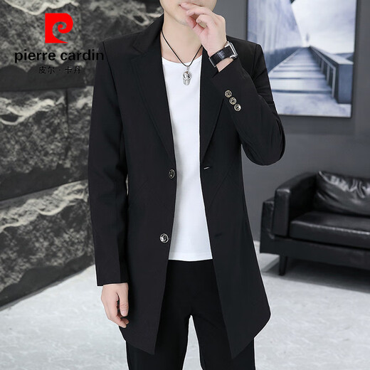 皮尔卡丹（pierre cardin）男士风衣中长款春季新款春秋装外套修身休闲西装男款大衣服西服潮 7702黑色 L (110-130斤)