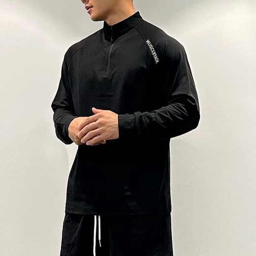 Kennedy fitness long-sleeved men's loose elastic half-zip sports T-shirt American running spring and autumn basketball training cycling jersey clone cotton long-sleeved T-shirt 2XL 160-168cm
