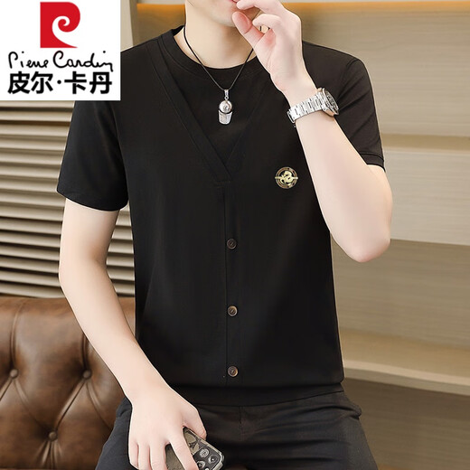 皮尔卡丹（pierre cardin）夏季冰丝针织假两件短袖T恤男韩版修身痞帅凉感薄款半袖体恤上衣 6626灰色 XL 125-140斤