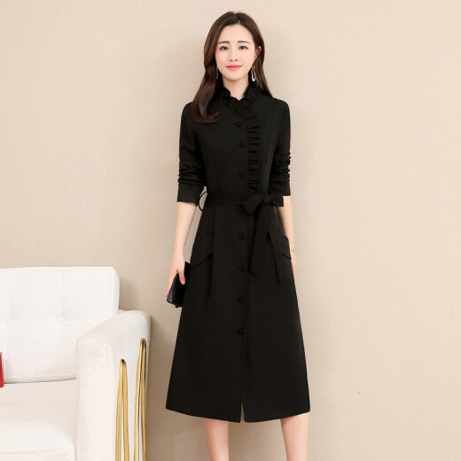 GuDiSi dress 2020 professional skirt women's commuting mid-length slim long-sleeved A-line skirt black