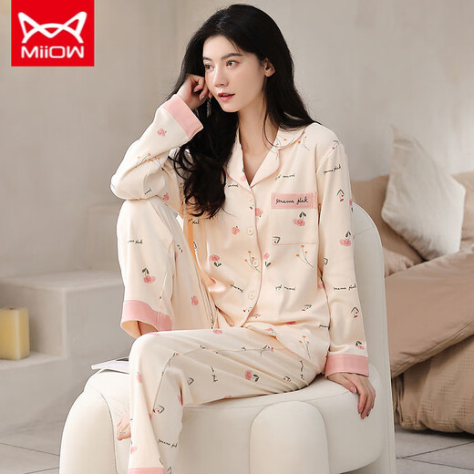 Catman Miiow Pure Cotton Pyjamas Frauen neuer Frühling, Herbst und Winter langärmelter Reversanzug Cotton Cardigan kann außerhalb von Heimkleidung getragen werden 6624a 2xl [vorgeschlagen 141-155jin [Jin gleich 0,5 kg]]]