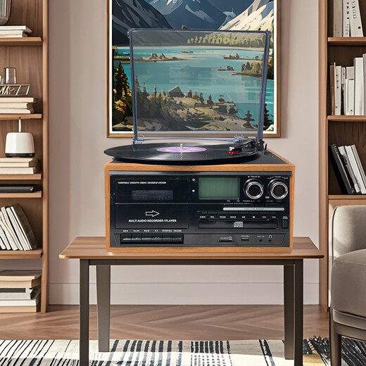 Heritage family tape player, vinyl CD all-in-one multi-functional antique tape player, vinyl record player, retro gramophone, Bluetooth audio, home living room ornaments, vinyl tape all-in-one player, oak color (black panel)