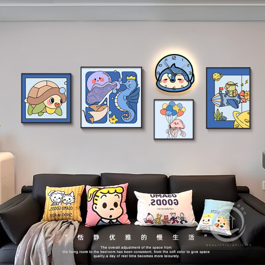 定制胺客厅装饰画卡通动物高级感沙发背景墙挂画儿童房壁画带钟表 LP-A1049 37*37+58*58+37*37+钟表30*29