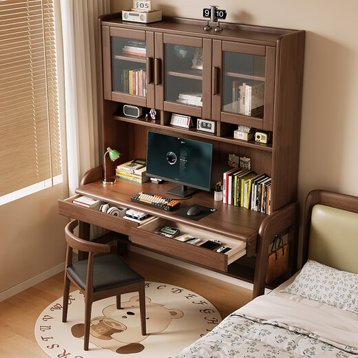 Cool Kailong writing desk and bookcase integrated solid wood household bookcase combination study desk small bedroom bedside computer desk ivory white table + high cabinet insist on selecting solid wood 104x60x186cm
