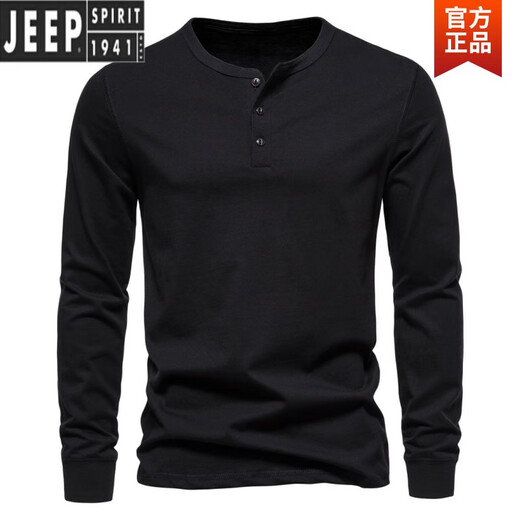 JEEP SPIRIT Henley shirt men's spring and autumn heavyweight t-shirt pure long-sleeved Henley collar quality cotton men's business bottoming shirt slim fit top light gray 3XL