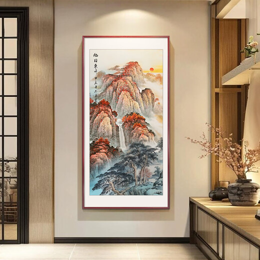 Good wood Rising Sun in the East Hand-painted Mount Tai Sunrise Chinese Painting Entrance Hall Hall Hanging Painting Decorative Painting Ink Landscape Painting Mural A-Rising Sun in the East 70*140cm HD Giclee Elegant Walnut Solid Wood Frame Solid Wood Thin Frame