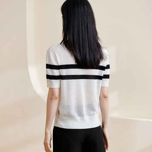 
Missshine 2024 spring new fashionable age-reducing wool sweater contrast striped short-sleeved top 1047 white S