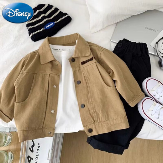 Chaqueta de Disney Boys Spring y Autumn 2025 New Children's Bear Jackets, pequeños y medianos tops casuales de niños, caqui oso 90
