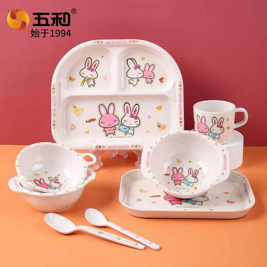 Wuhe para el tazón infantil de la vajilla para bebés A5 Metamine Imitation Serie de porcelana placa de tazón de la altura auspiciosa del conejo alojo de conejo auspicioso de la sopa para niños H-838j*1