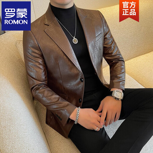 ROMON handsome style leather suit jacket men's autumn and winter 2026 new fashion trend slim and handsome suit black (90-110Jin Jin equals 0.5kg) M