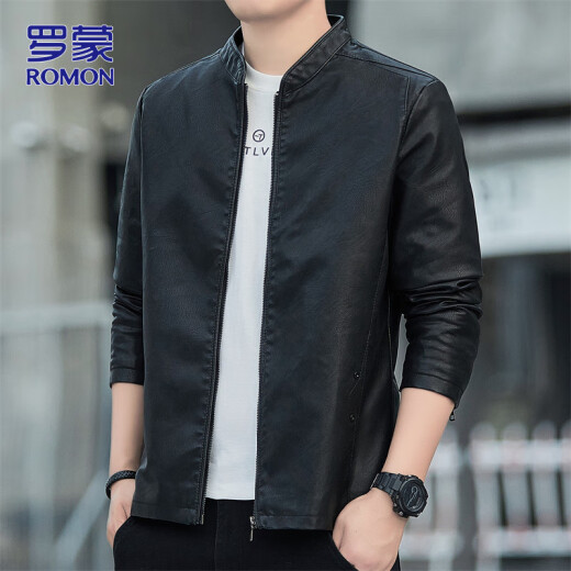 罗蒙（ROMON）夹克皮衣男士春季外套男休闲百搭机车男装上衣 黑色 XL 