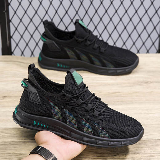 2025 Nouveaux chaussures décontractées pour hommes Volant volant en tricot, chaussures pour hommes respirant semelles douces douces confortables à l'usure de grande taille 755-Black 48