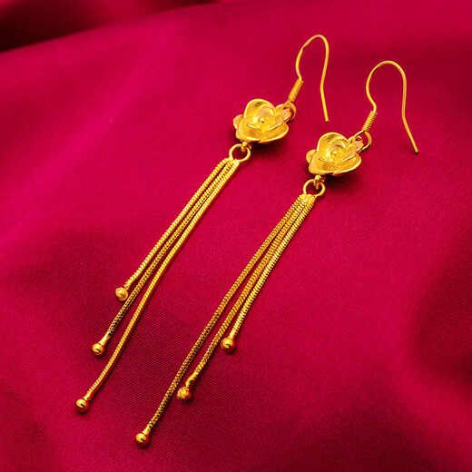 GRAYCEWODY Old Phoenix 999 Gold Rose Earrings Women's 24K Pure Gold Long Tassel Earrings Middle-aged Earrings 0.01g Old Phoenix Gold Store Style Rose Flower Earrings