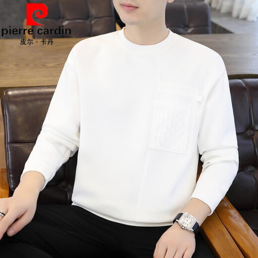 皮尔卡丹（pierre cardin）2025新款卫衣男春季时尚拼接口袋圆领打底衫纯色休闲内搭长袖t恤 6227白色 L 建议120-135斤