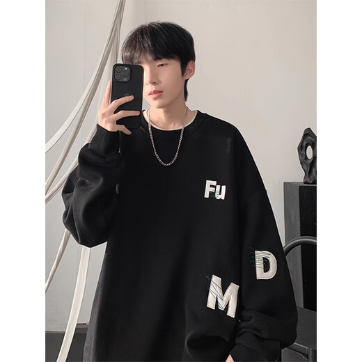 POUM round neck sweatshirt men's spring and autumn style trendy American printed long-sleeved hat-free top New Year red Hong Kong style sweatshirt YSXS-H1476 black L