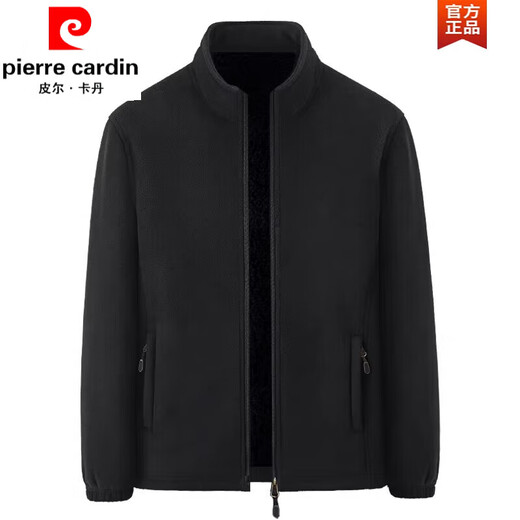 Pierre Cardin autumn and winter fleece dad jacket men's stand-up collar plus fleece thickened polar fleece sweatshirt men's middle-aged cardigan lambswool top black A (thickened) plus fleece 3XL suitable for 150165Jin Jin equals 0.5 kg