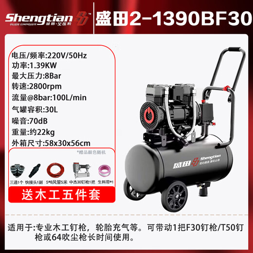 XMSJ oil-free air compressor motor air pump air compressor 220v small high pressure convenient woodworking air compressor 1390W-30L+ dust blowing package