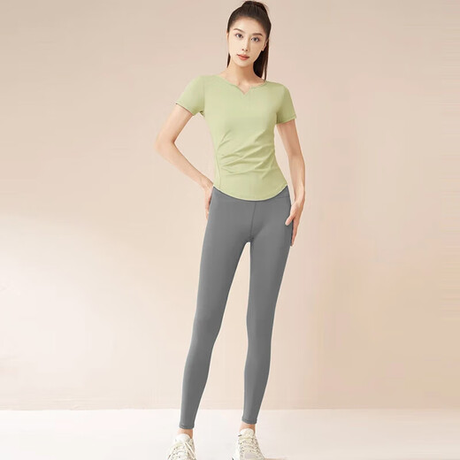 Hui'ang Sports Set Women's Yoga Suit Sports Running Fitness Suit Quick Dry Clothes T-shirt V-neck Short Sleeve Trousers Green Gray XL
