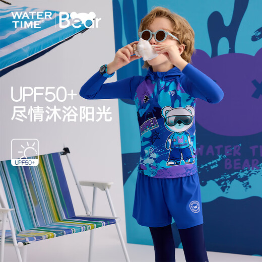 WATERTIME children's swimsuit boys' split long-sleeved trousers with hood, sun protection surfing suit, warm and cold-proof swimsuit 2025 new style Azure Winnie 120 (113-122cm/19-22kg)