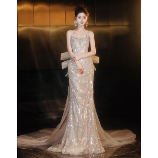 Wenmi Company Annual Meeting Dress Women's Tubeless Evening Dress 2024 New Gold Sequin Host Design Niche Fishtail Dress Dress S