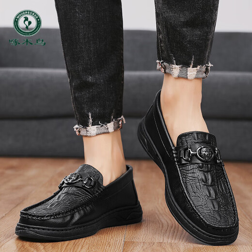Woodpecker 2025 Herbst und Winter neue Herrenschuhe britische sportliche lässige Bohnenlederschuhe vielseitige Slip-on-faule trendige Herrenschuhe 2629 schwarz 39