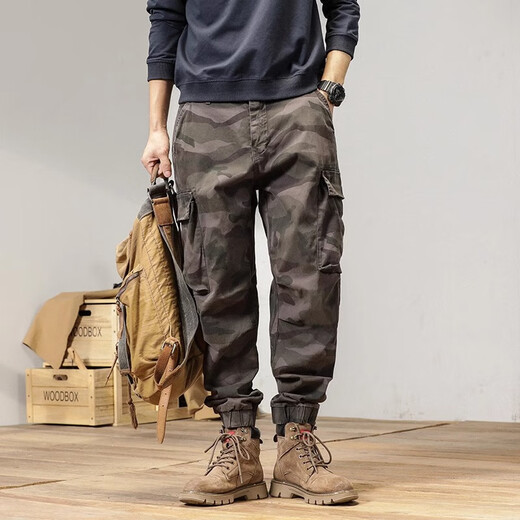 JEEP SPIRIT Jeep American work pants men's high street loose harem pants pure 95 cotton spring and autumn camouflage pants wear-resistant ties casual pants Camouflage khaki regular 38