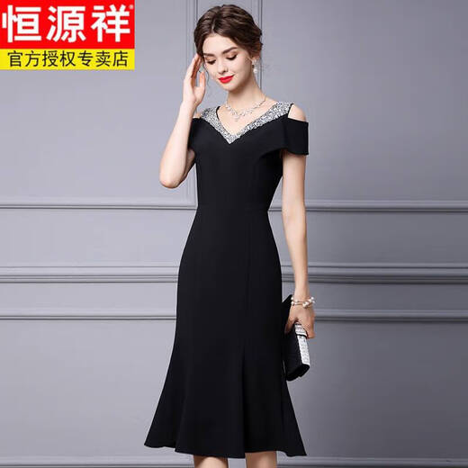 
Hengyuanxiang 2025 spring and summer fishtail skirt banquet evening dress high-end light luxury niche official occasion French temperament dress black XL