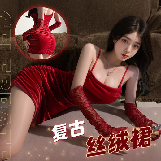 霏慕情趣内衣女睡衣性感套装角色扮演制服诱惑短裙秘书服女仆战袍少妇 6198蕾丝拼接复古褶皱【吊带裙+裤 袖套新年红】