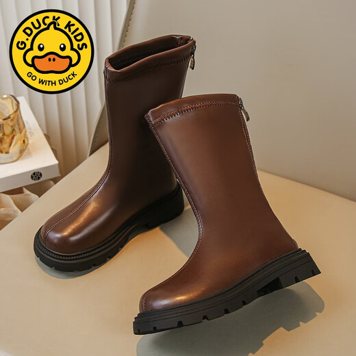G.DUCKKIDS girls boots children's long boots 2025 new baby mid-tube shoes girls high tube plus velvet soft sole thin velvet leather boots black 26 inner length 16cm