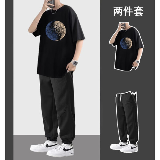 VZVG夏季潮流套装男短袖T恤痞帅气搭配束脚休闲裤学生两件套韩版男装 【2件装】T51棉T恤灰色+838裤杏 L