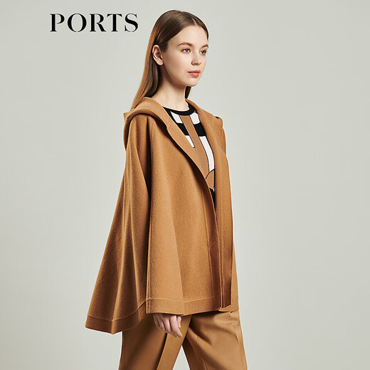PORTS宝姿女装长袖中长款连帽针织开衫女LL9K026LXF033 深咖哩褐 S (S/M)