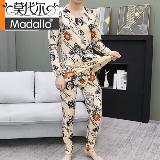 Modal Winter German Velvet Thermal Underwear Men's Suit Plus Velvet Thickened Autumn Clothes and Autumn Pants Trendy Brand Printed Slim Bottoming Shirt Khaki L (85-109Jin Jin is equal to 0.5kg)