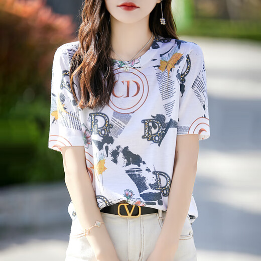 HMRSV Mulberry Silk Kurzärärmelte T-Shirt für Frauen 2025 Sommer Neues lässiges und modisches Design Cooles Gefühl MA Familie gedruckt Top Trend D Familie gedruckt 838 L