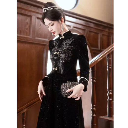 Maxbeth Black Evening Kleid für Frauen leichte Luxus Nische High-End-Bankett High-End New Chinese Style Annual Meeting Moderator Kunstprüfungsrock Herbst und Winter Black L.