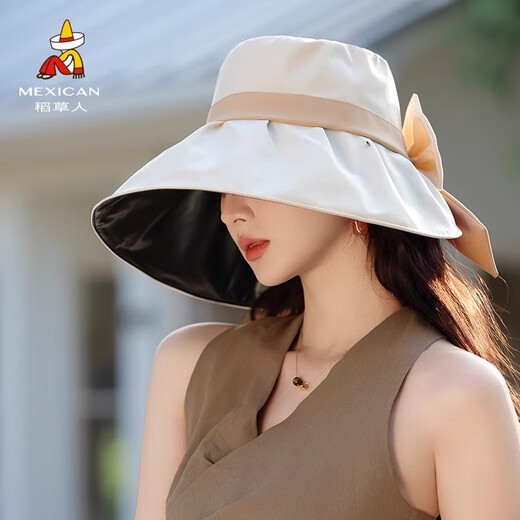 稻草人渔夫帽女2025夏季新款遮阳防晒帽子黑胶大帽檐太阳帽潮流百搭洋气 米色【大檐黑胶防晒】 均码