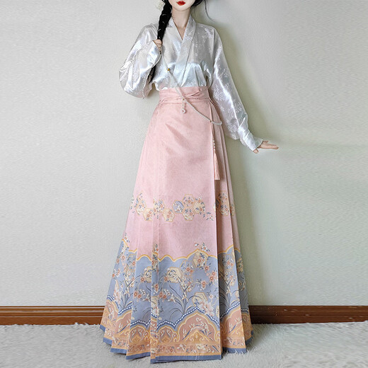 
Fei Liyue [3894 people collect] Han Qingci original flower-wrapped new Chinese style horse-face skirt cross-neck airplane sleeve daily Ming-made Chinese single pink horse-face skirt XL