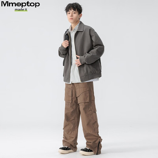 
MMOPTOP American pure cotton retro lapel work jacket spring and autumn men's versatile functional jacket MJK03 dark gray XL