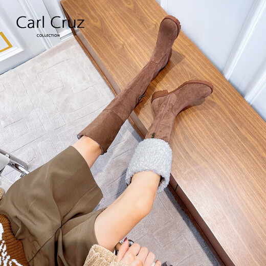 Carl Cruz高筒靴女2024年新款春秋皮毛一体加绒雪地靴厚底显瘦过膝长筒靴子 棕色 37 235mm