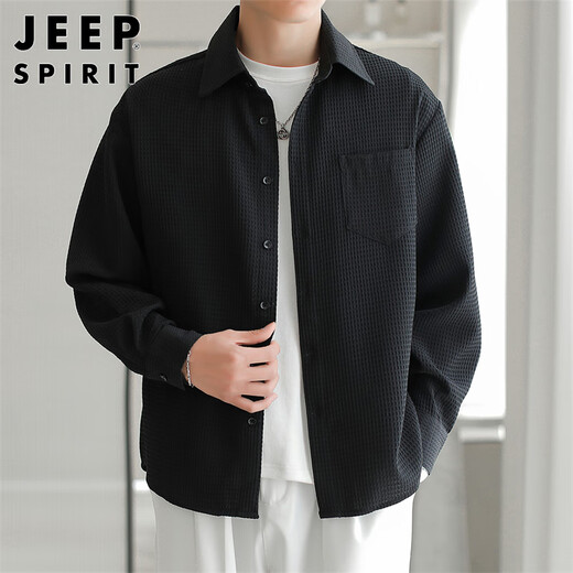 JEEP SPIRIT Jeep long-sleeved shirt men's spring trendy shirt men's waffle top jacket men's black XL