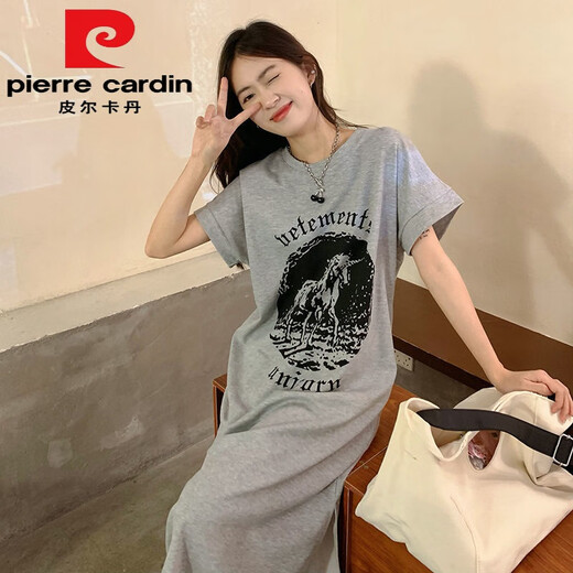 皮尔卡丹（pierre cardin）纯棉长款过膝懒人连衣裙女宽松外穿夏季新款遮肉短袖t恤裙子开叉 761-咖啡色 (纯棉)今年流行的轻 M