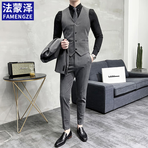 Famenze suit suit men's business professional formal wedding groom's dress casual British style slim suit jacket black suit + trousers + vest + gift bag XL 115-130Jin Jin equals 0.5 kg