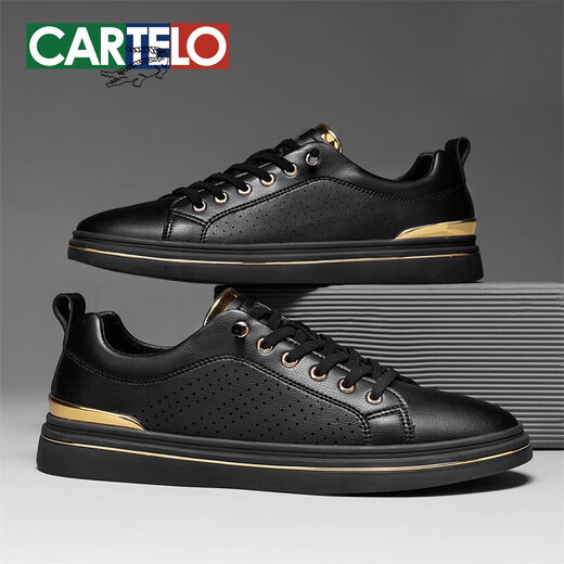 卡帝乐鳄鱼板鞋男感黑色男士休闲皮鞋真皮镂空透气一脚蹬男鞋 黑色-镂空透气-6630T 39 标准运动鞋码