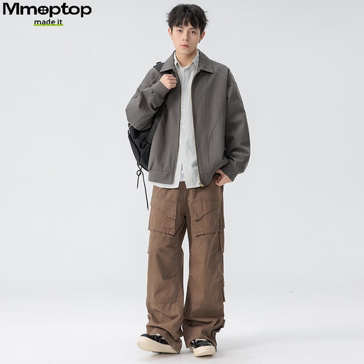
MMOPTOP American pure cotton retro lapel work jacket spring and autumn men's versatile functional jacket MJK03 dark gray XL